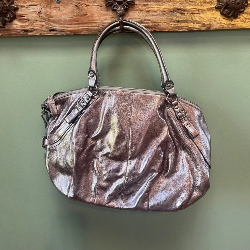 Coach Madison Metallic Pewter Silver Leather Satchel Shoulder Bag‎ Purse